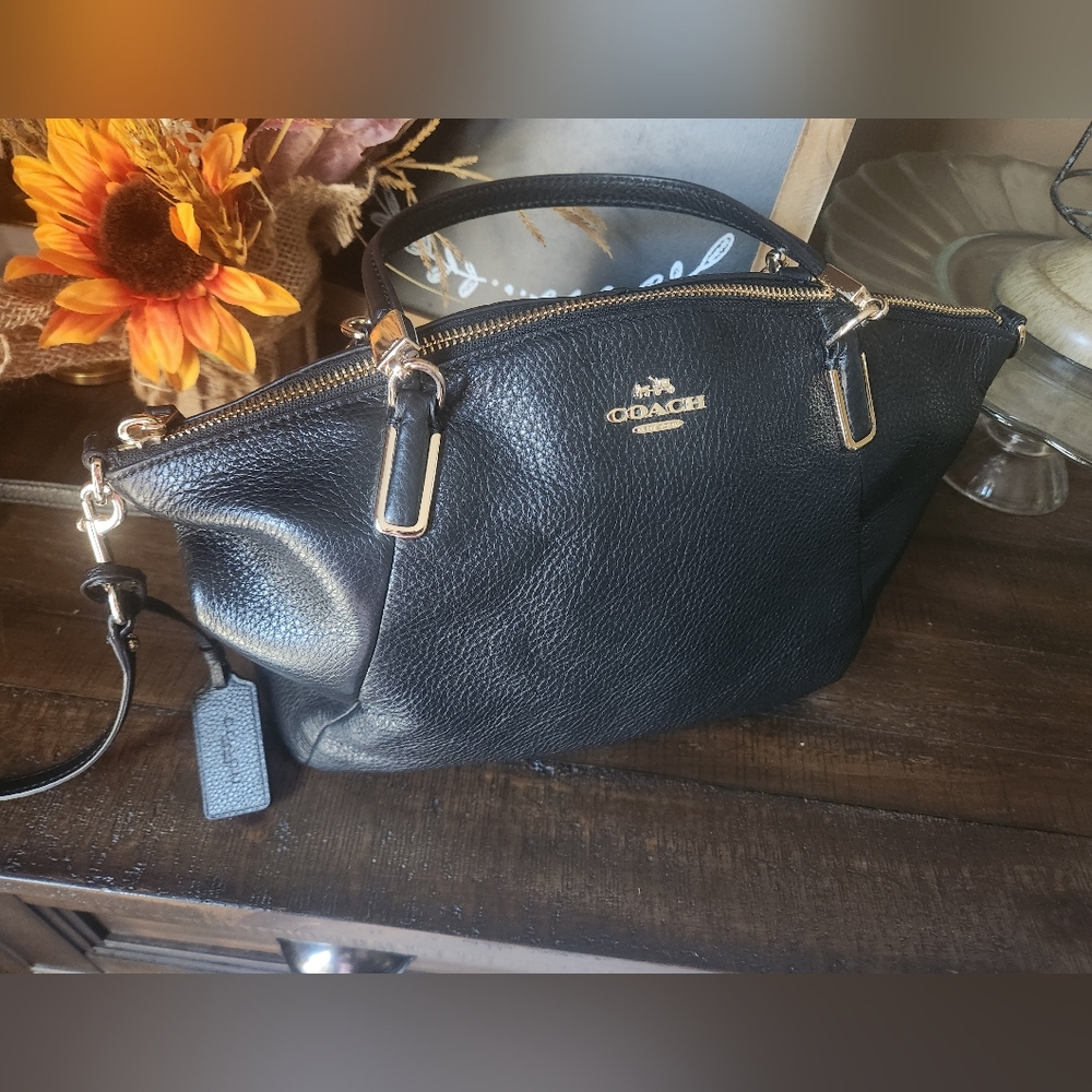 New Coach Black Pebbled Leather Shoulder Bag With Dust Bag